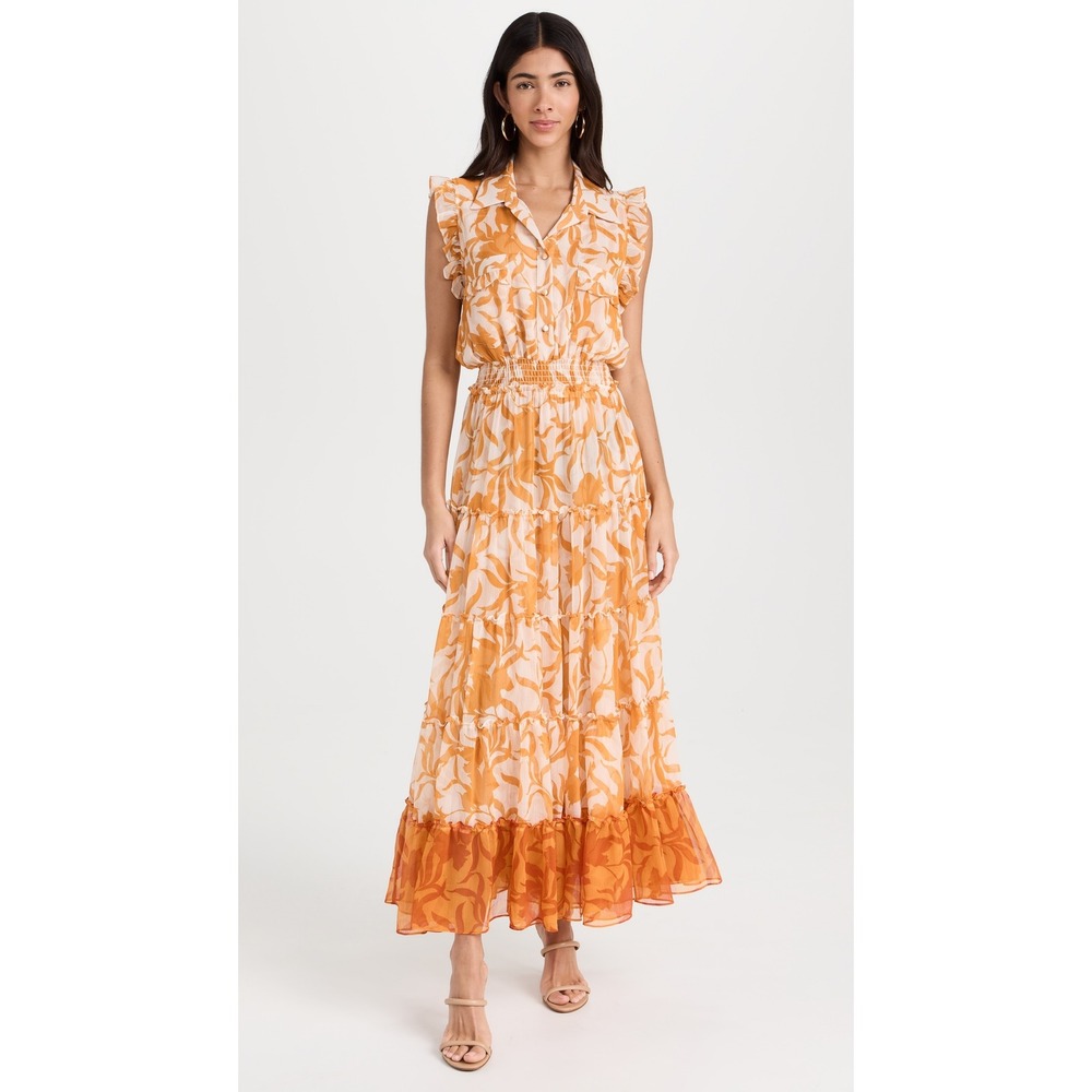 MISA Los Angeles Trina Orange Floral Ruffle Tiered Maxi Dress XS Smocked Waist